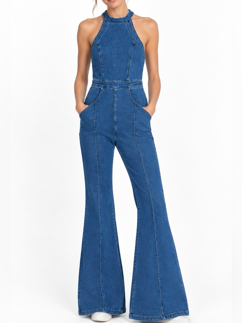 Free People We The Free CRVY Sydney Denim Jumpsuit Flare Leg Medium Wash 12